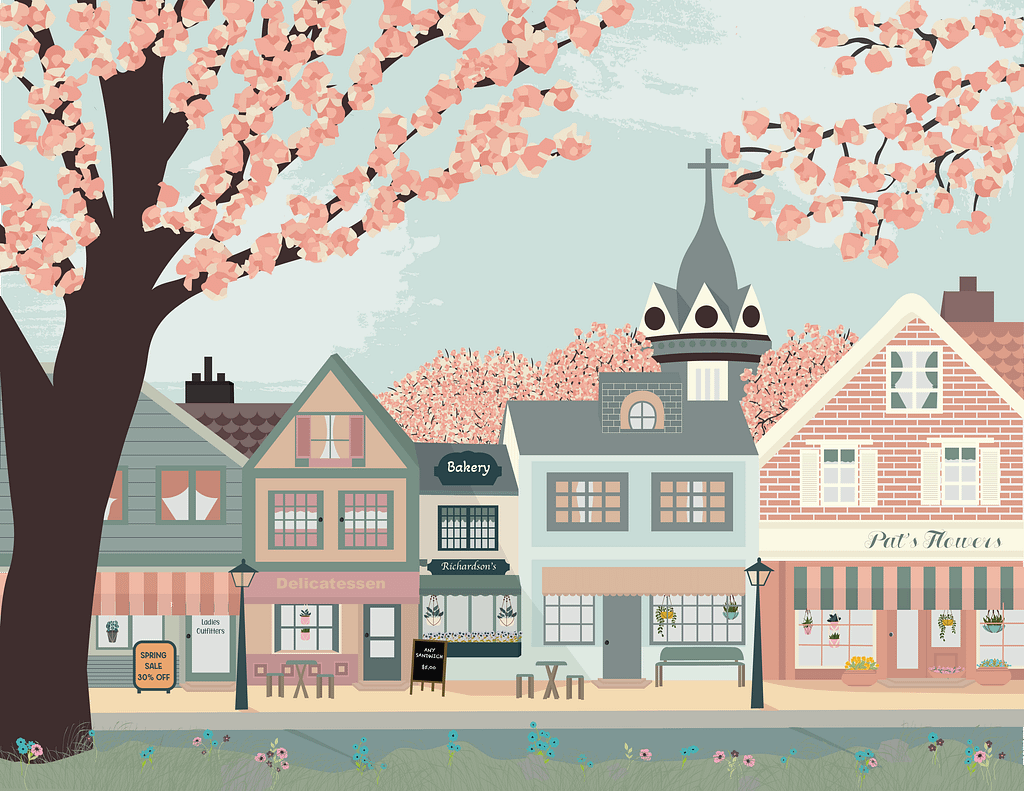 Illustration of a small town in Spring created digitally by One Crafty Gal Designs