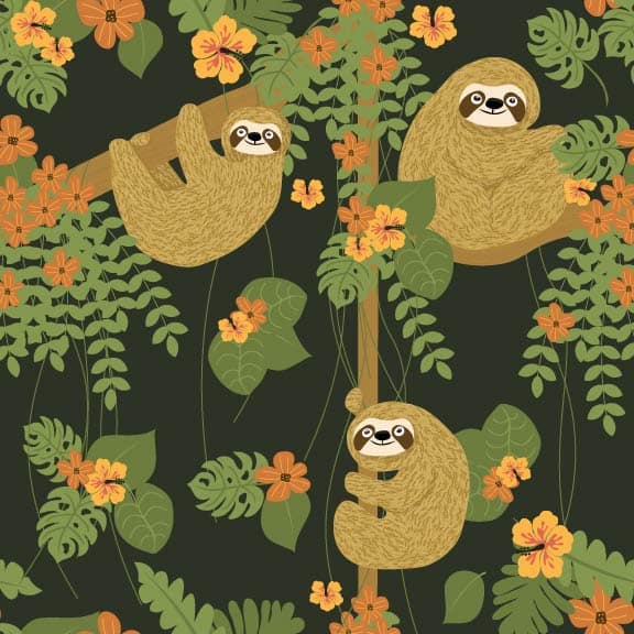 Enchanted Canopy sloth fabric Nature inspired fabric patterns Sloth and butterfly fabric Barbara Zimmermann